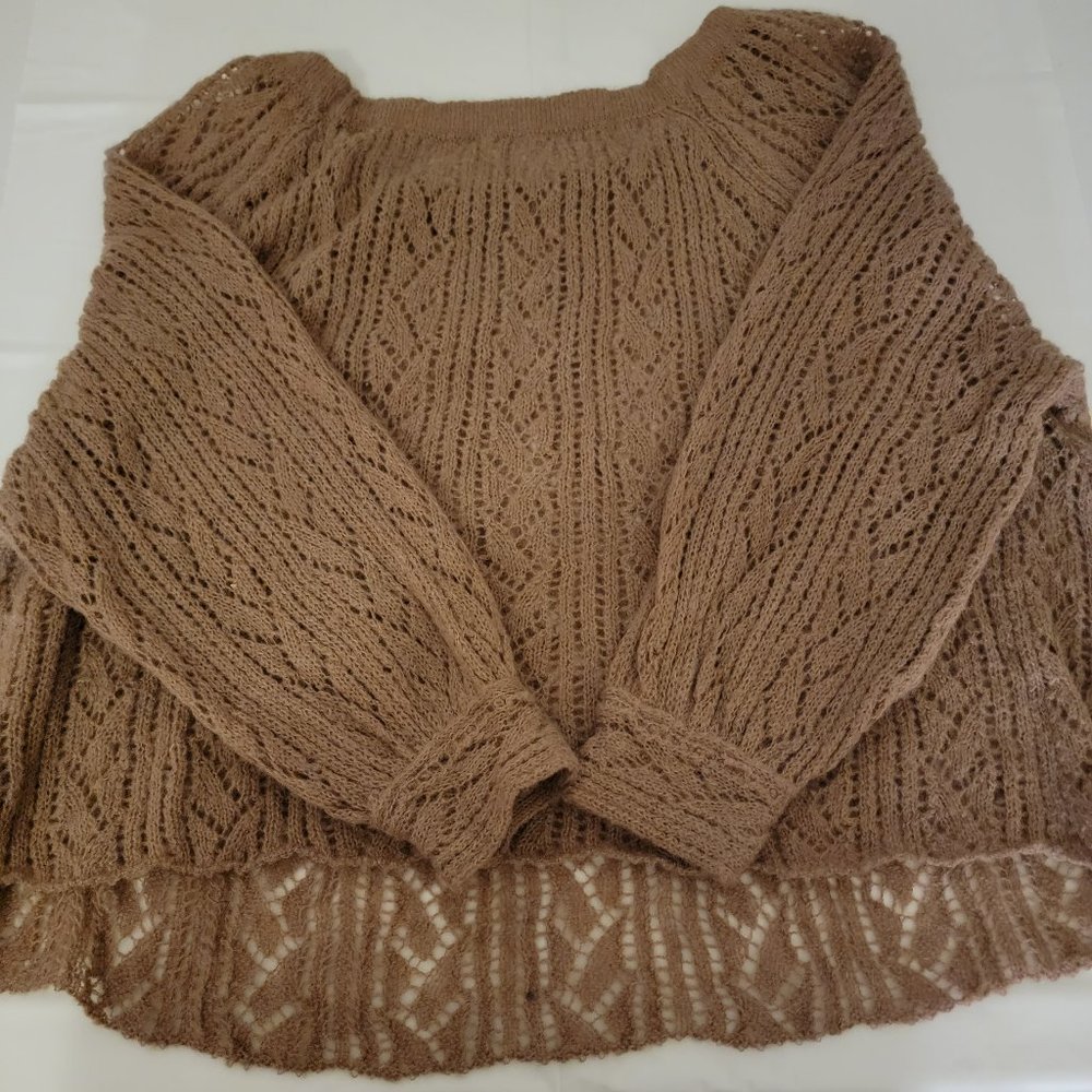 Free People Brown Open-Knit Lace Trim Sweater
